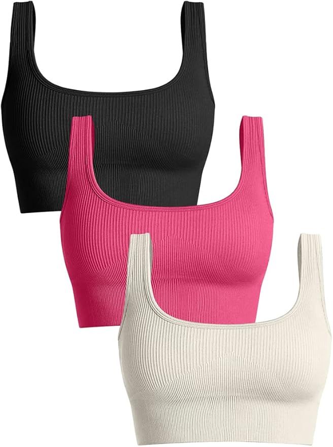 OQQ Women's 3 Piece Medium Support Tank Top Ribbed Seamless Removable Cups Workout Exercise Sport... | Amazon (US)