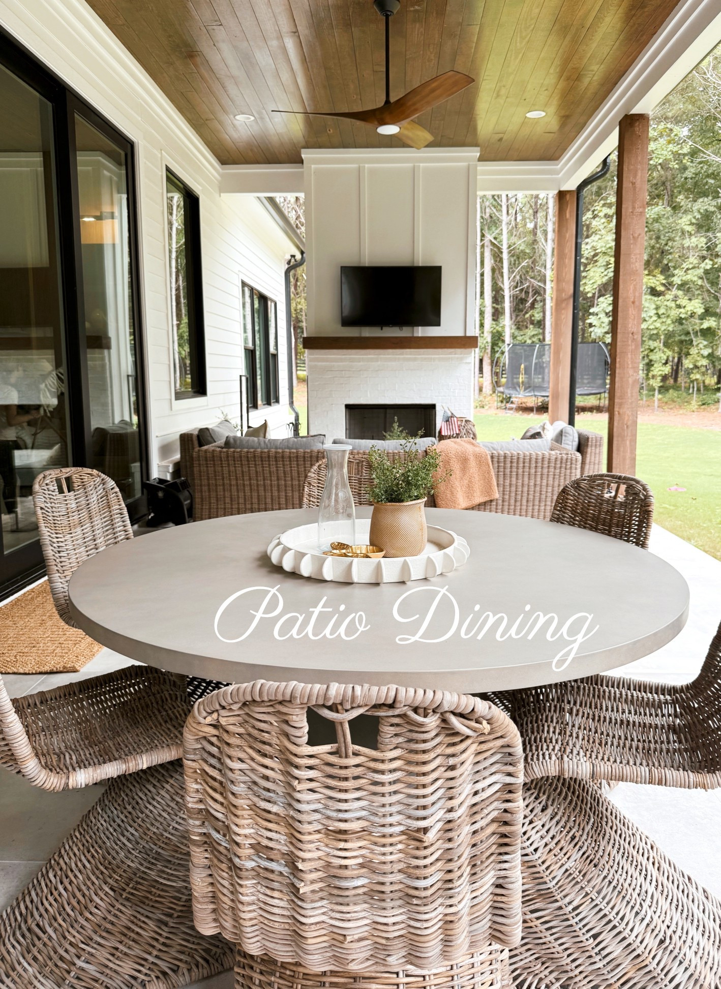 Cement patio dining table with woven wicker chairs 🤍 Get your dining space ready for those cooler Fall temps- perfect for entertaining 🍂

#LTKHome #LTKSeasonal #LTKFamily