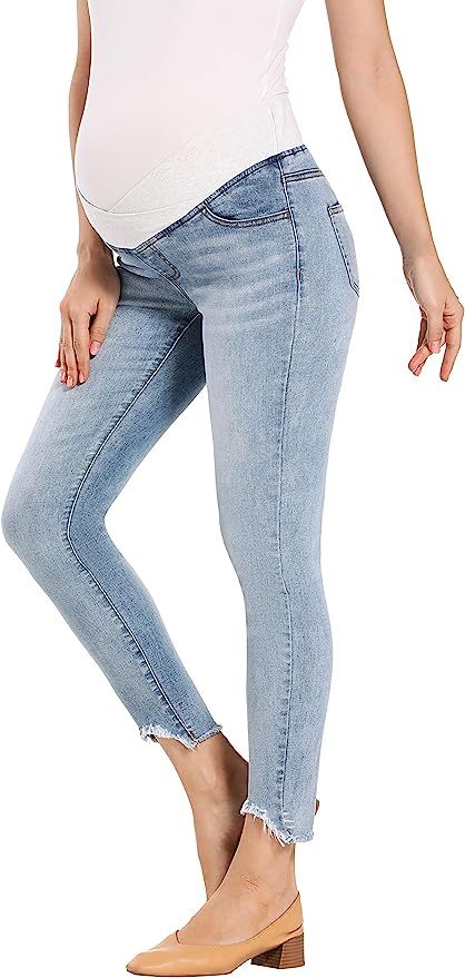 Foucome Women's Maternity Jeans Underbelly Skinny Jeggings Cute Distressed Jeans Comfy Stretch Pa... | Amazon (US)