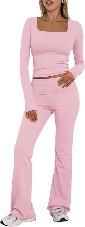 Trendy Queen Womens Workout Sets 2 Piece Fall Outfits Square Neck Tops Flare Pants Tracksuits Clo... | Amazon (US)