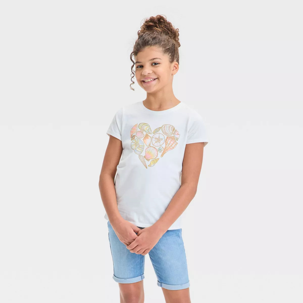 Girls' Short Sleeve Shell Heart Graphic T-Shirt - Cat & Jack™ Cream M: Cotton Blend, Relaxed Fi... | Target