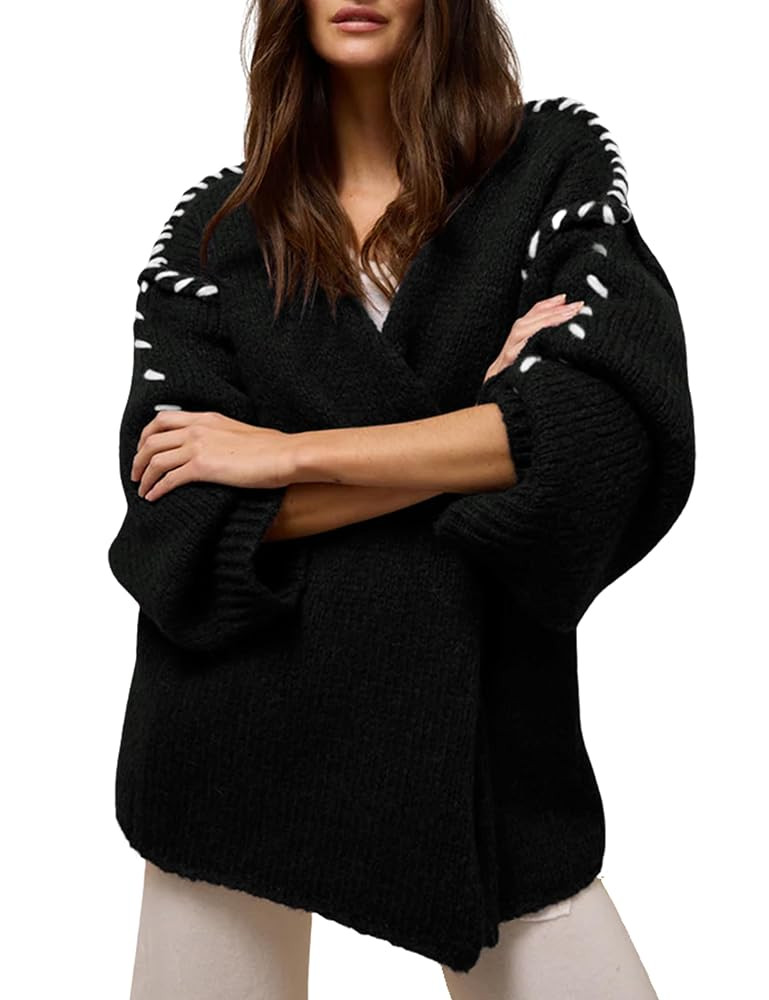 Huaqiao Womens Cardigan Sweaters Long Sleeves V Neck Chunky Knit Coats Open Front Loose Outerwear | Amazon (US)