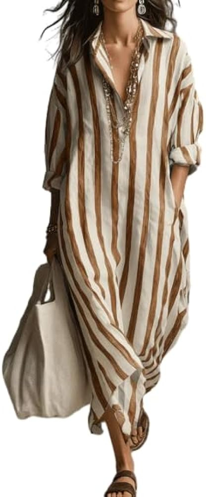 Women's Striped Maxi Shirt Dress Long Sleeve Oversized Loose Fit V Neck Collared Side Split Kafta... | Amazon (US)