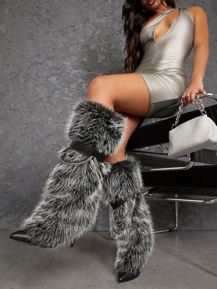 SHUZIA Women's Fuzzy Pointy Toe Skiny Heel Knee-High Boots | SHEIN