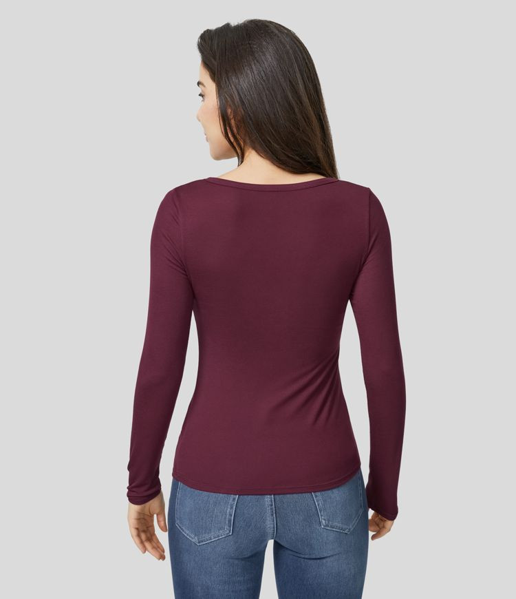 Women’s Ribbed Henley Neck Long Sleeve Slim Casual Top - Halara | HALARA