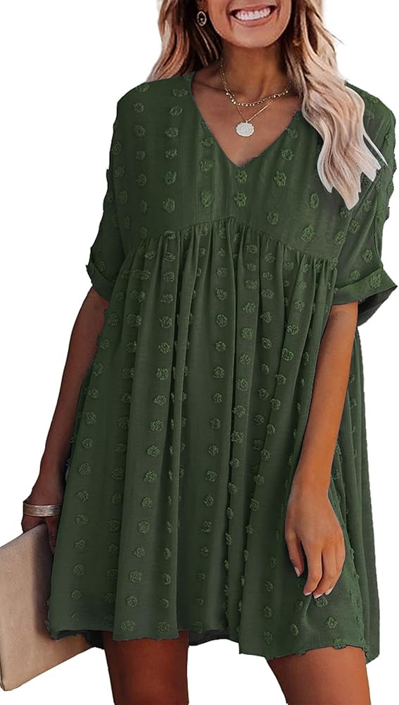 ECOWISH Womens Summer Dress V Neck Loose Fit Plus Size Swiss Dot Casual Flowy Swing Tunic Mini Dr... | Amazon (US)