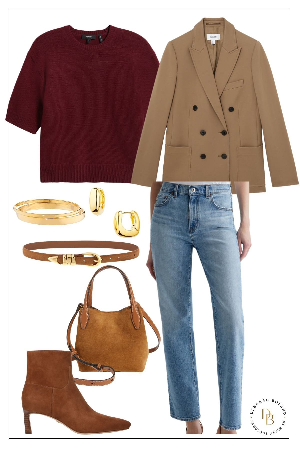 Effortless layers for early fall 🍂 This look is all about those elevated basics: a rich burgundy short sleeve sweater paired with light wash straight leg denim, topped with a classic double-breasted blazer. I added tan suede booties and a camel suede bag for a touch of texture and warmth — perfect for transitional dressing. And the best part? Every piece is part of the Nordstrom Anniversary Sale 🛍️

Timeless, polished, and on sale — yes, please! ✨
#NordstromAnniversarySale #FallPreview #ElevatedBasics #BlazerSeason #CasualChic #WardrobeRefresh 

#LTKOver40 #LTKSeasonal #LTKSaleAlert