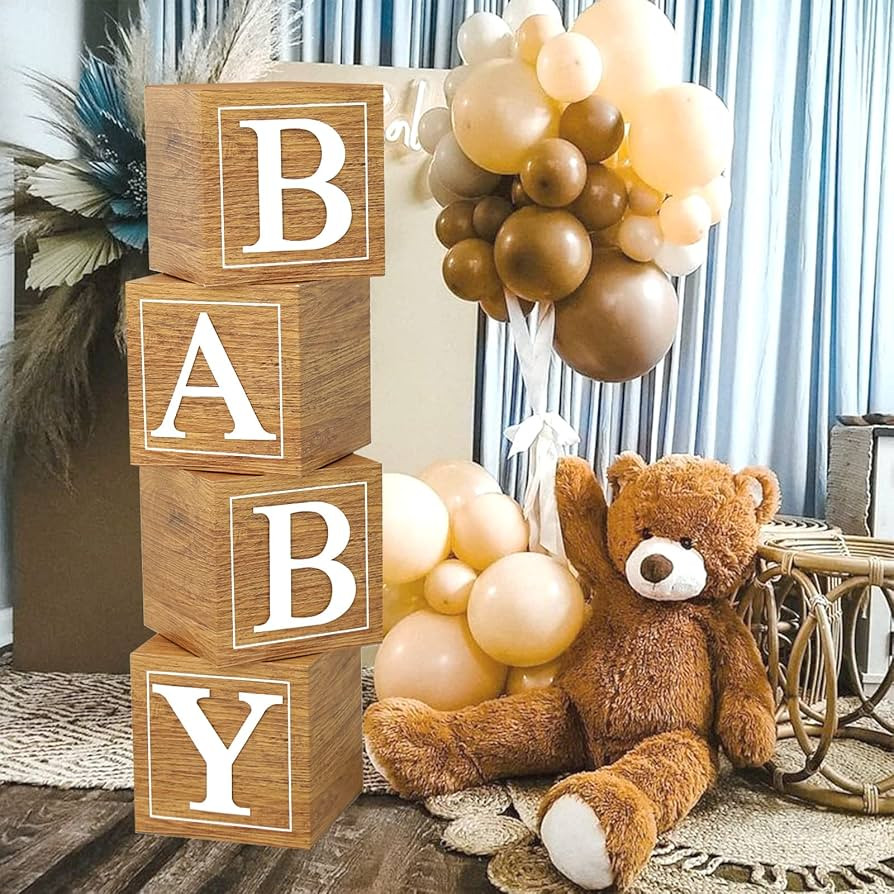 Baby Shower Boxes Birthday Party Decorations - 4 Wood Grain Brown Stereoscopic Blocks with BABY L... | Amazon (US)