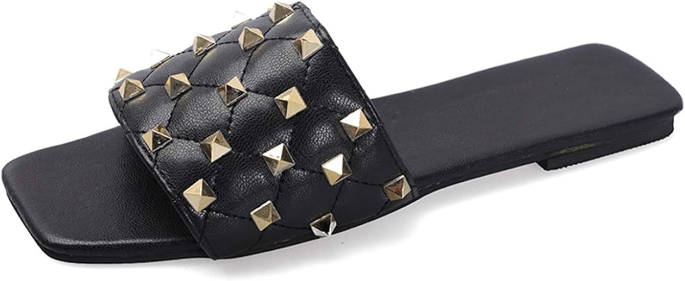 Coonek Studded Sandals for Women Flat Open Square Toe Slides Casual Summer | Amazon (US)