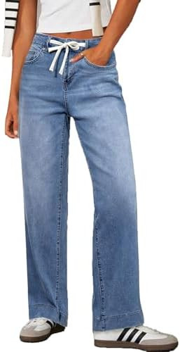 Sidefeel Women's Wide Leg Jeans High Waisted Stretchy Straight Leg Baggy Drawstring Zimbaplatinum... | Amazon (US)