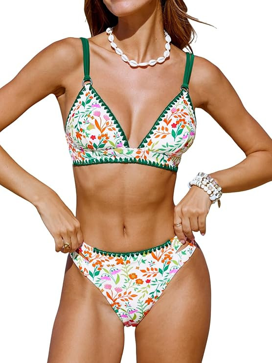 CUPSHE Women's Bikini Sets Two Piece Swimsuit V Neck Stitching Side Cutout Back Hook Adjustable S... | Amazon (US)