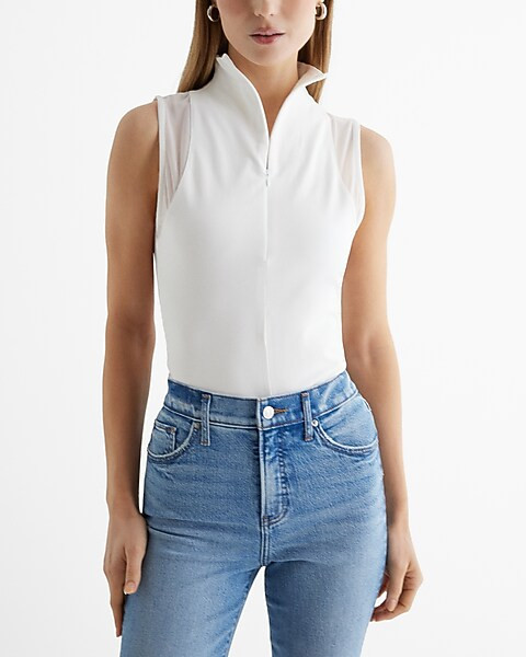 Body Contour Stretch Cotton Mesh Quarter Zip Bodysuit | Express