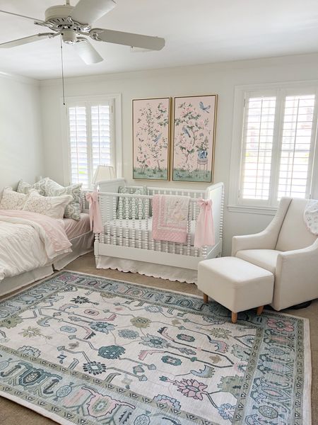 Betsy’s nursery!

Oushak rug, pink chinoiserie art, glider, Jenny Lind style crib, bows, grandmillennial style, pink blue green nursery decor 

#LTKbaby #LTKhome #LTKkids