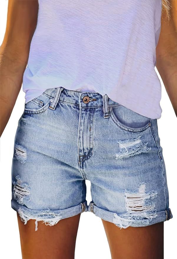 Pink Queen Women's High Waisted Denim Shorts Casual Ripped Summer Hot Short Jeans Frayed Distress... | Amazon (US)