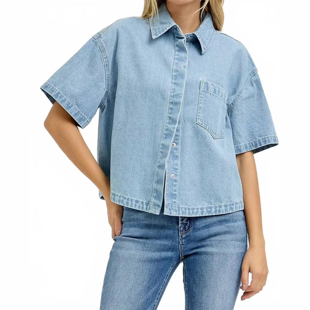 Women's Cropped Denim Button Down Shirt - RISEN | Target