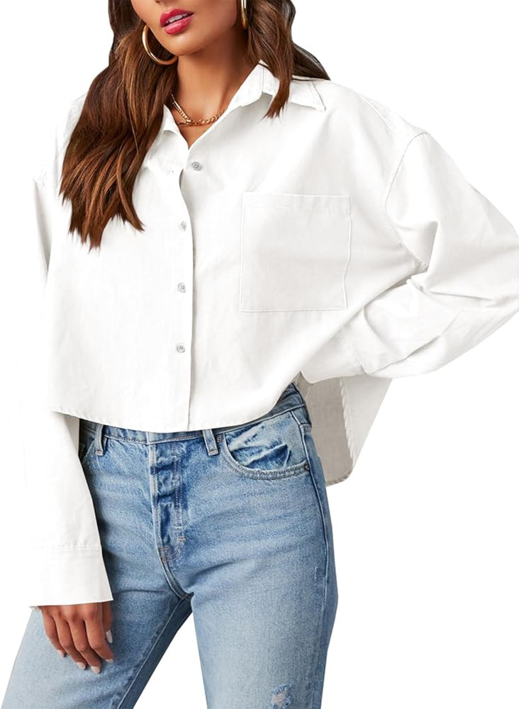 Danedvi Womens Button Down Cropped Shirts Long Sleeve Crop Tops Casual Loose Solid Blouse with Ch... | Amazon (US)