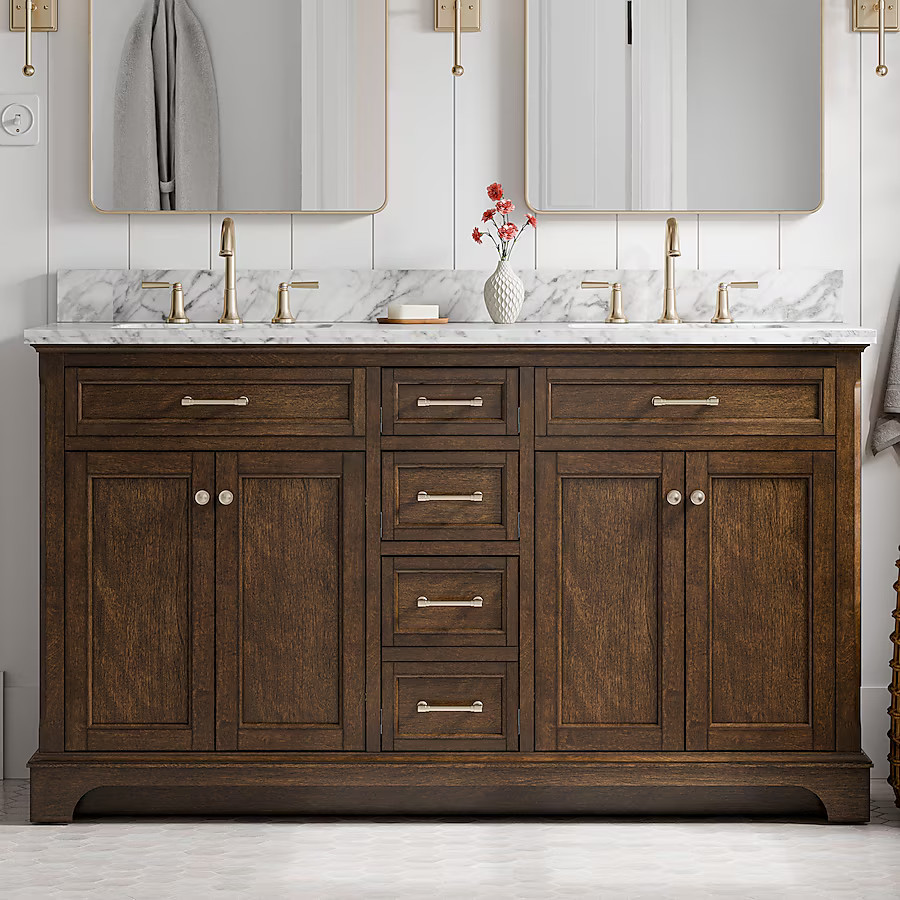 allen + roth Roveland 60-in Deep Walnut Undermount Double Sink Bathroom Vanity with Natural Carra... | Lowe's