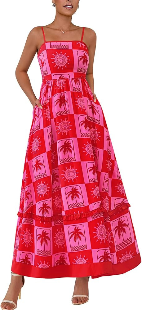 PRETTYGARDEN Summer Spaghetti Strap Dresses for Women Flowy Smocked Sundresses Casual Boho Sleeve... | Amazon (US)