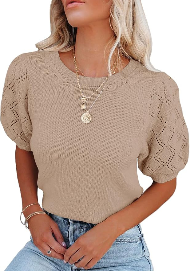 Womens Short Sleeve Sweaters Crewneck Knit Pullover Tops 2025 Summer Casual Lightweight Crochet B... | Amazon (US)