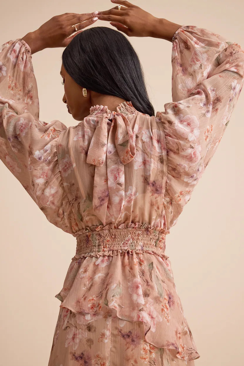 Wexler Peach Floral Tiered Mock Neck Long Sleeve Maxi Dress | Lulus