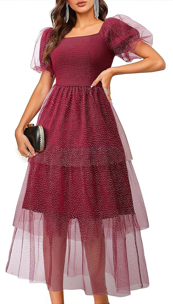 Youtalia Women's Smocked Tulle Midi Dress Tiered Shimmer Square Neck Puffy Sleeve Wedding Evening... | Amazon (US)