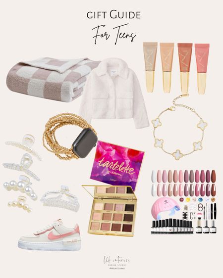 Gift Guide for Teens 
Modelones 35pc gel nail polish kit with UV light / girls sherpa shacket / 5 pc large pearl hair claw clips / Mya metal bead stretch smart watch band / mistletoe glow blush tape / bearberry fuzzy checkboard throw blanket / Nike airforce shadow womens shoe / tartelette in bloom Amazonian clay palette / gold plated lucky bracelet

#LTKGiftGuide #LTKfamily #LTKHoliday