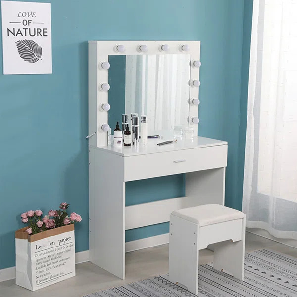 Adelbjrno Vanity Set with Stool and Mirror | Wayfair North America
