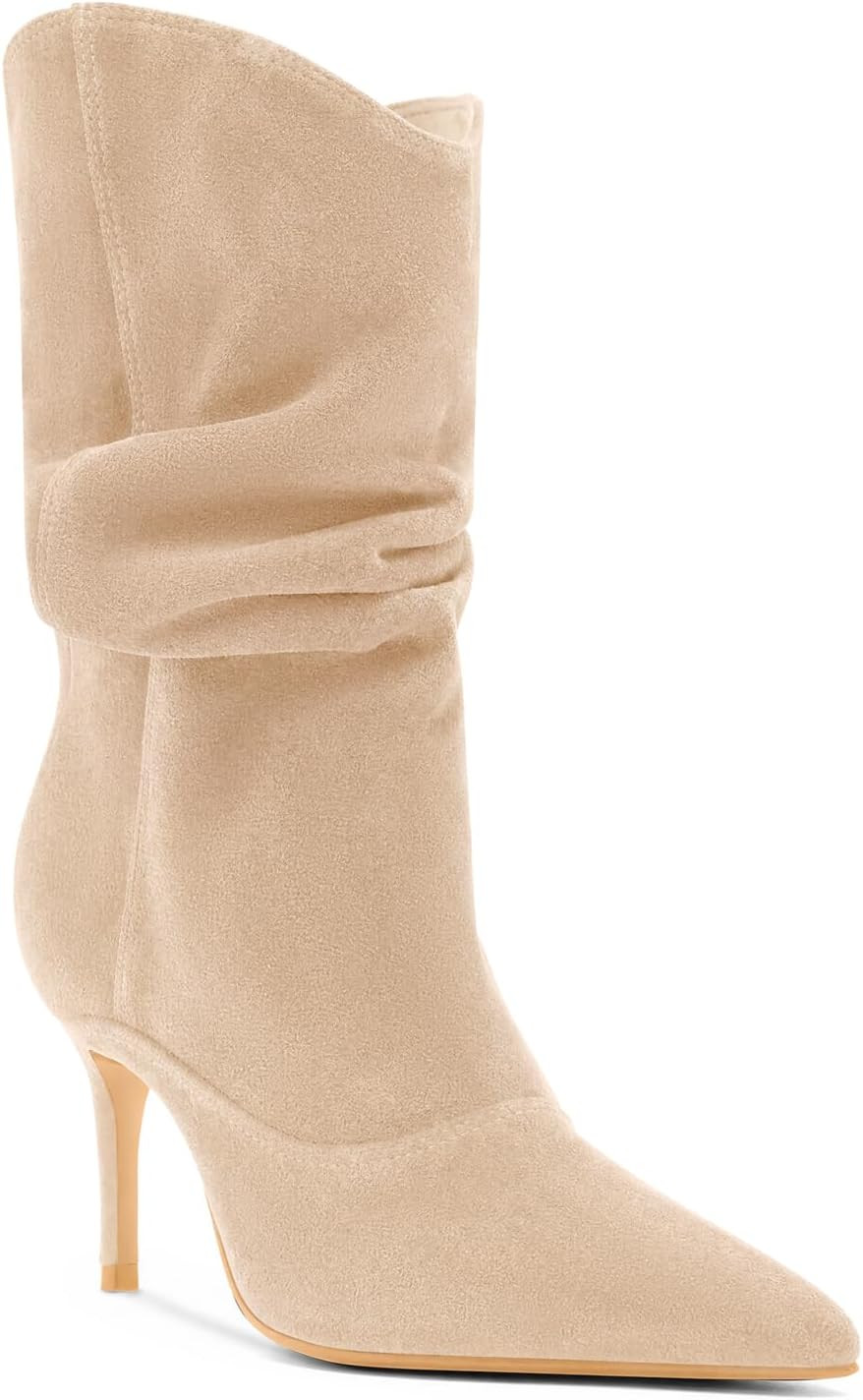 Coutgo Womens Slouch Mid Calf Boots High Heel Pointed Toe Dressy Booties | Amazon (US)