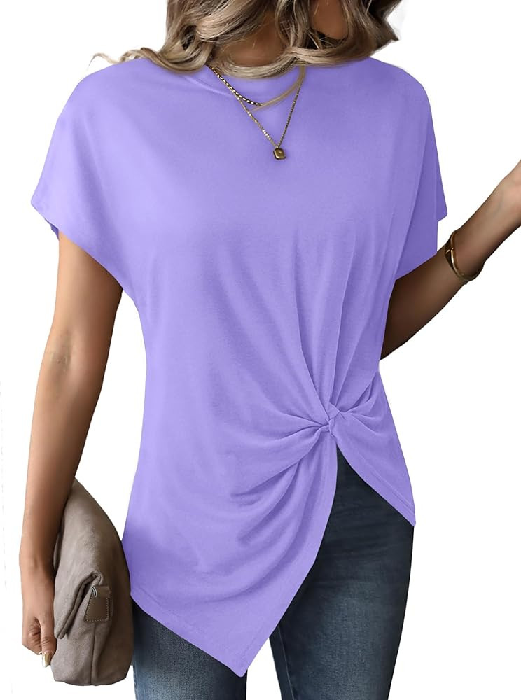 Remidoo Asymmetrical Tops for Women Twist Front Top Crewneck Knot Short Sleeve T Shirts | Amazon (US)