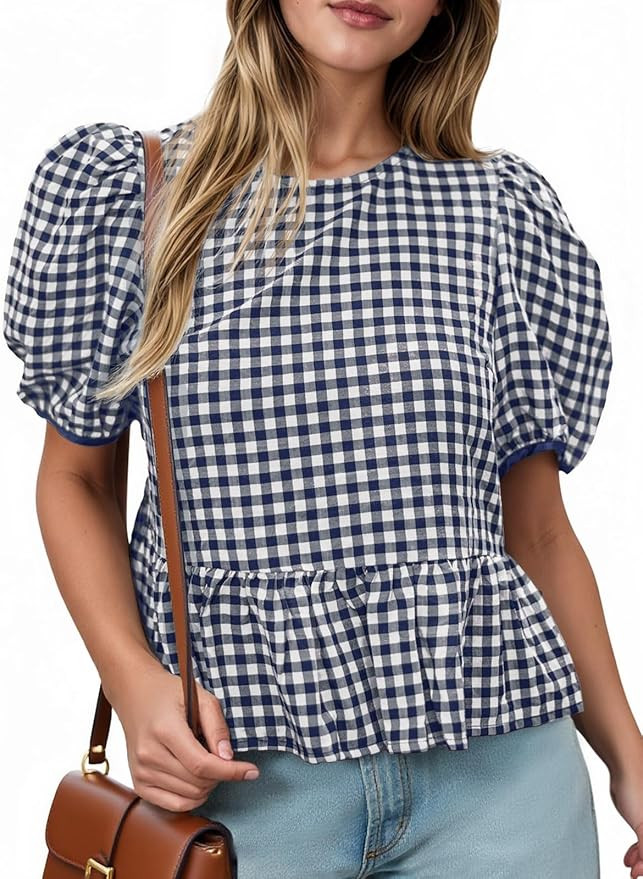 Cicy Bell Womens Puff Sleeve Gingham Blouse Summer Ruffle Peplum Babydoll Tops Cute Plaid Cotton ... | Amazon (US)