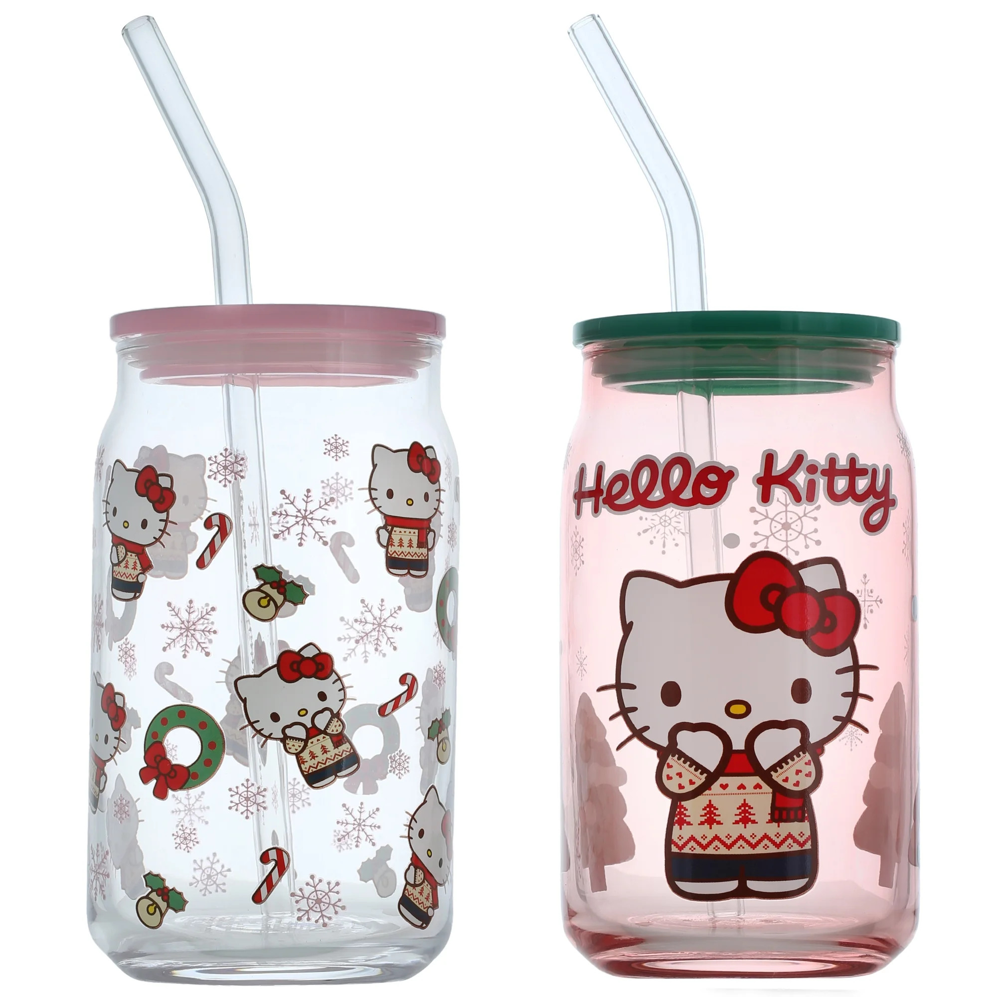 Hello Kitty Holiday Tumbler Set With Lid and Straw, 16 oz, 2 Glass Tumblers | Walmart (US)
