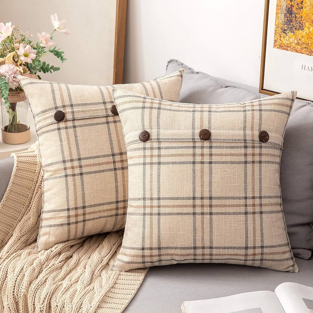 MIULEE Set of 2 Decorative Linen Throw Pillow Covers Triple Button Pillowcases Farmhouse Retro Pl... | Amazon (US)