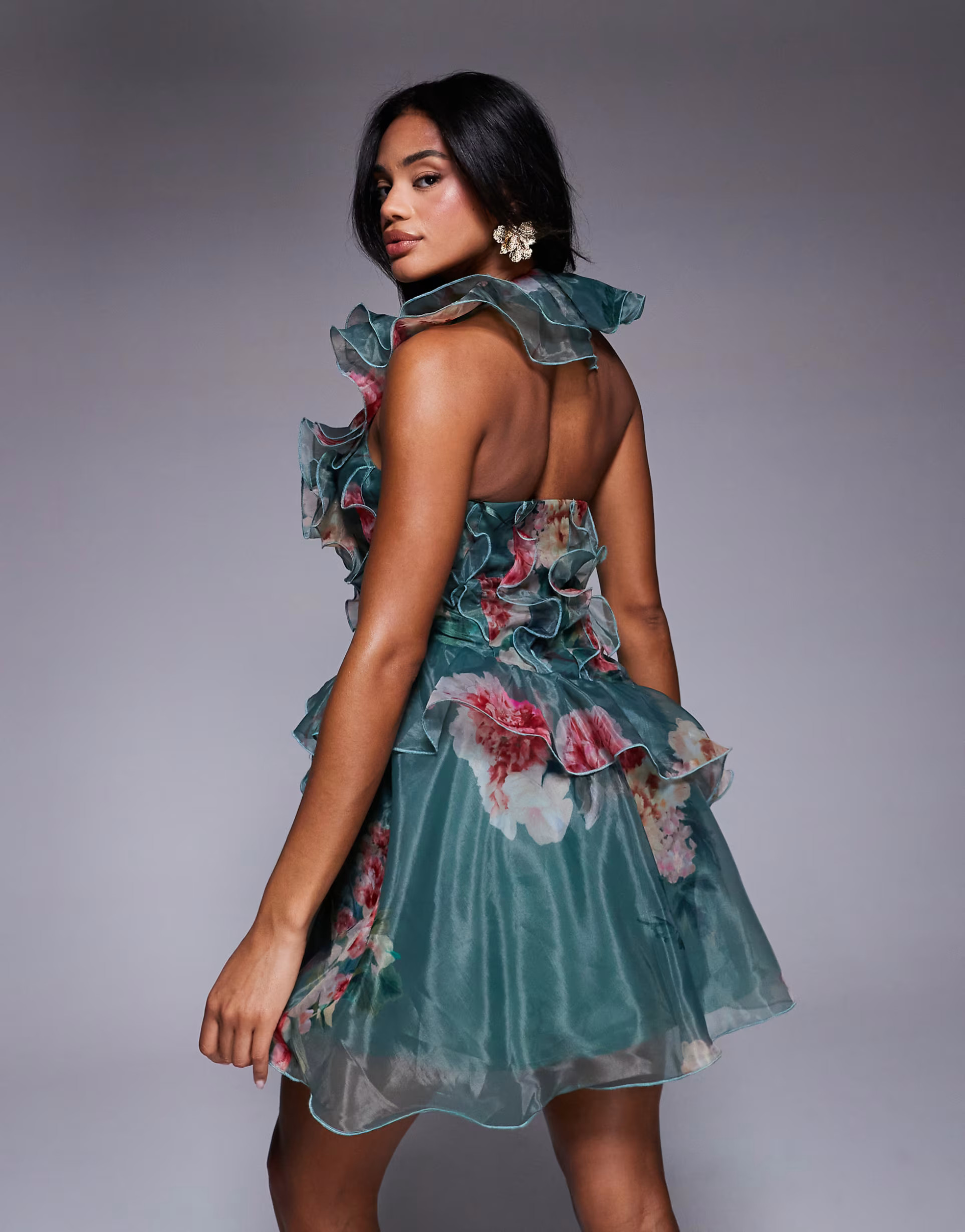 ASOS LUXE organza ruffle corsage mini dress in green floral print | ASOS (Global)