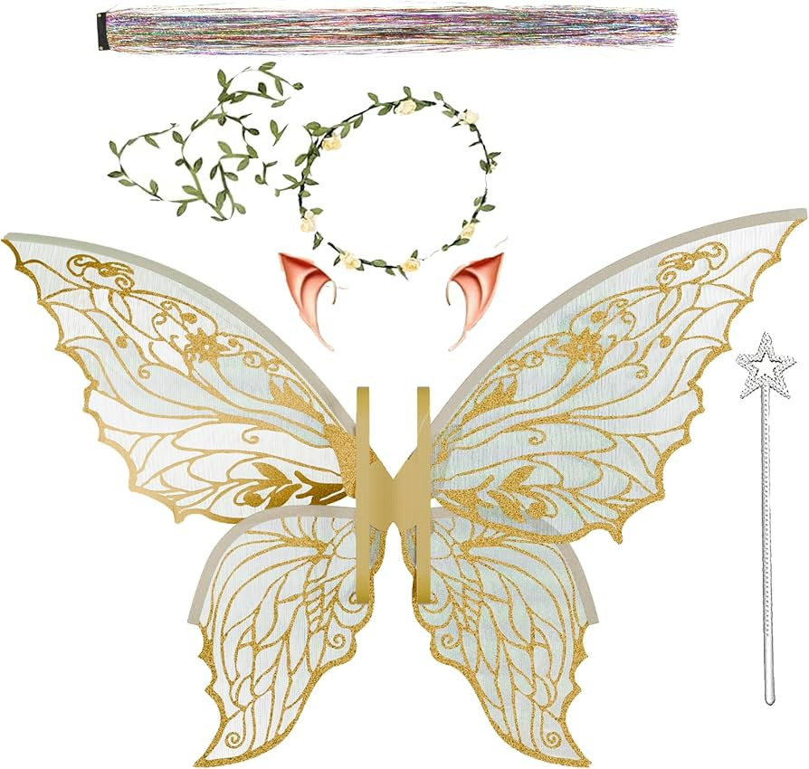 Fairy Wings for Adults and Girls，Fairy Costume Set with Floral Garland, Fairy Hair Tinsel, Wand... | Amazon (US)