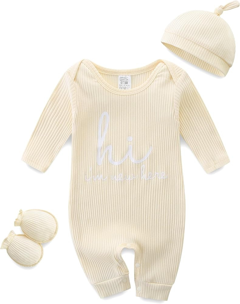 Baby Romper with Baby Mittens & Newborn Hats Footless Long Sleeve Solid Onesie Hi Im New Here | Amazon (US)