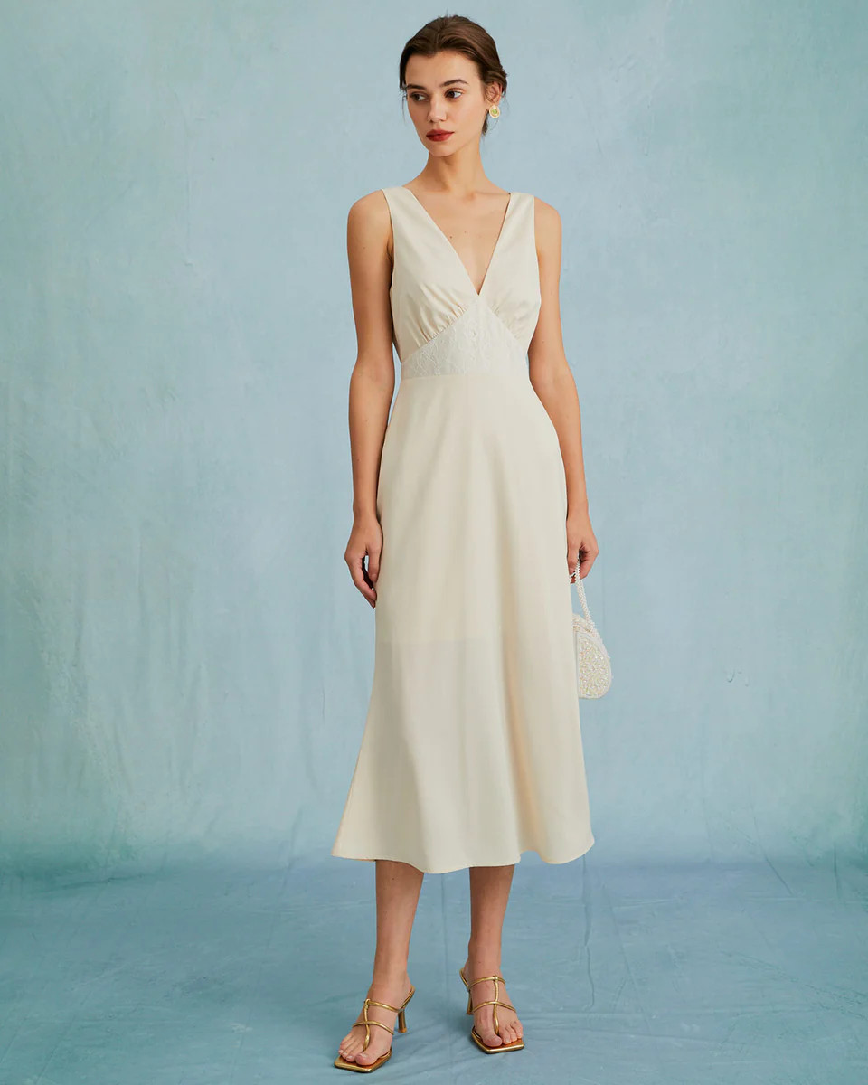 The Apricot V Neck Lace Mermaid Satin Midi Dress | rihoas.com