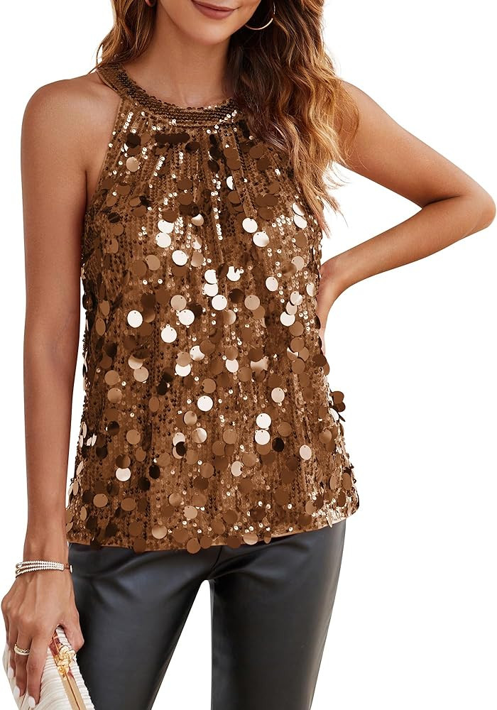 GRACE KARIN Halter Sequin Tank Tops for Women Sleeveless Sparkly Glitter Club Outfits Ruched Flow... | Amazon (US)