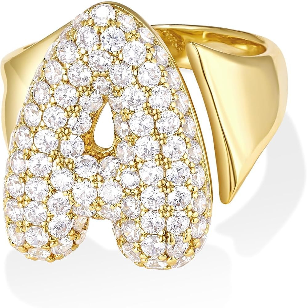 KissYan Bubble Initial Ring for Women, 14k Gold Plate Balloon Jumbo Letter Rings Open Adjustable ... | Amazon (US)