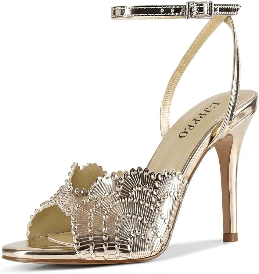 UJPFEO Rhinestone High Heels Ankle Strap Round Open Toe Stiletos Buckle Heels Dressy Wedding Dres... | Amazon (US)
