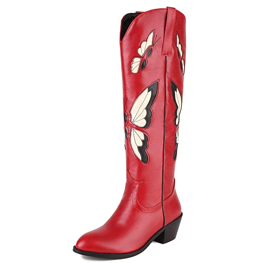 Ciuyurra Women Western Boots Knee High Embroidery Butterfly Cowboy Boots Chunky Heels Round Toe | Amazon (US)