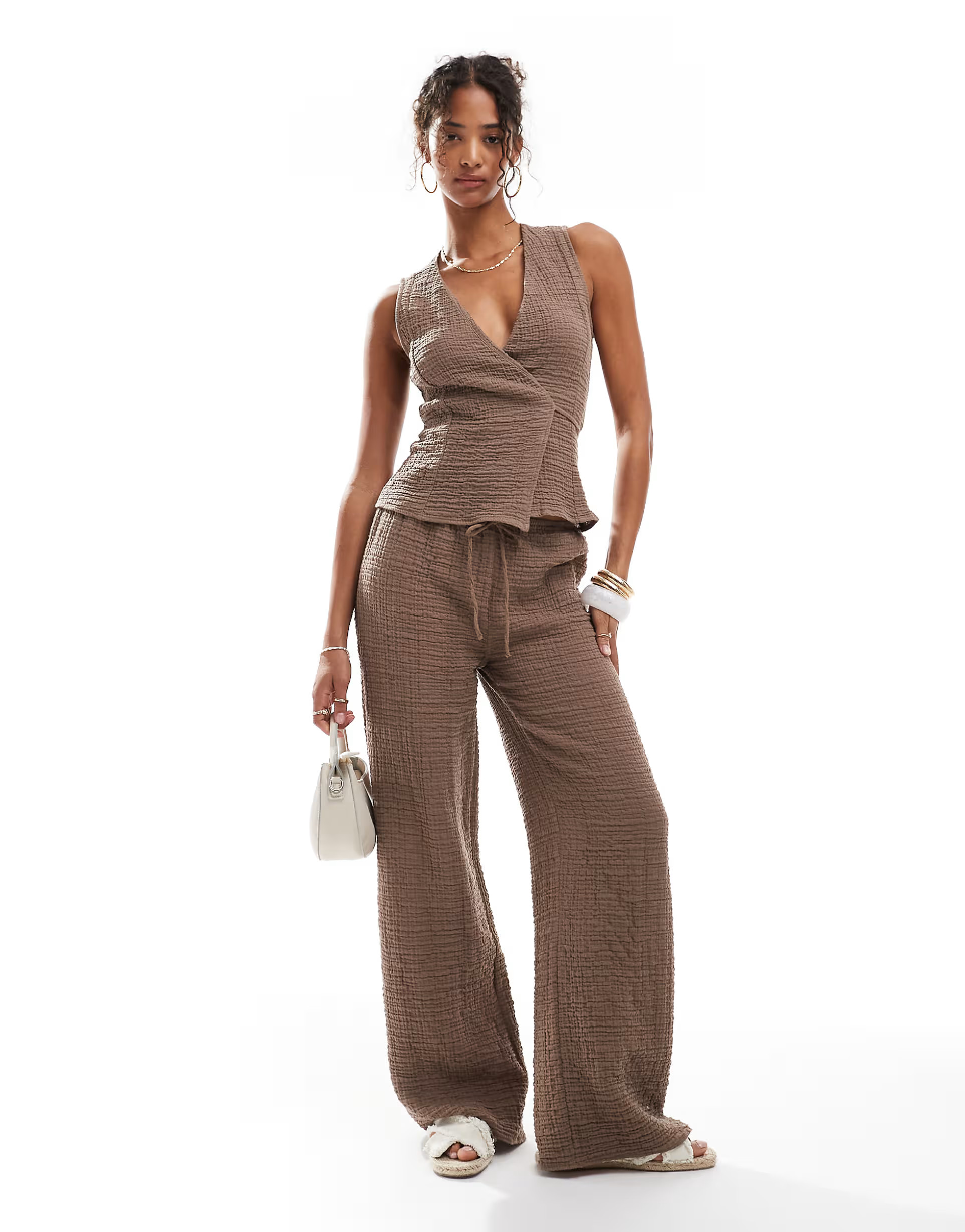 Pull&Bear crinkle textured straight leg trouser co-ord in taupe brown | ASOS (Global)