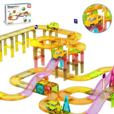 PICASSO-TILES Mini Magnetic Race Track Tiles for Kids – 60PCS STEM Construction Building Blocks Toy Set with Racing Car, Travel Size | Target