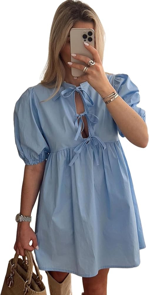 Women's Short Puff Sleeve Mini Dress Bow Tie Front Y2K Babydoll Peplum Dress | Amazon (US)