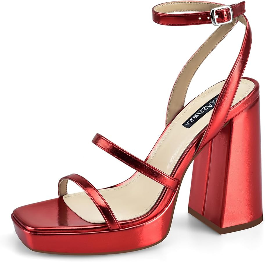 MIRAAZZURRA Platform Strappy Heel Sandals Square Open Toe Two Strap Chunky High Heeled Sandals wi... | Amazon (US)