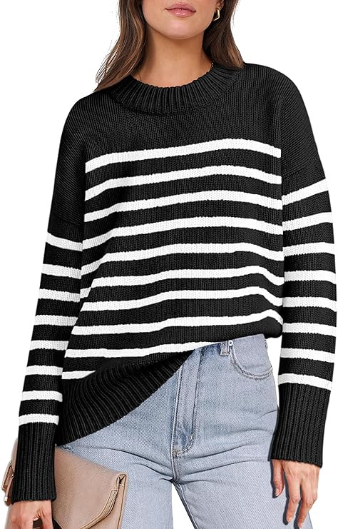 ANRABESS Women Fall Fashion Sweaters Striped Long Sleeve Crewneck Loose Fit Cozy Knit Trendy Pull... | Amazon (US)