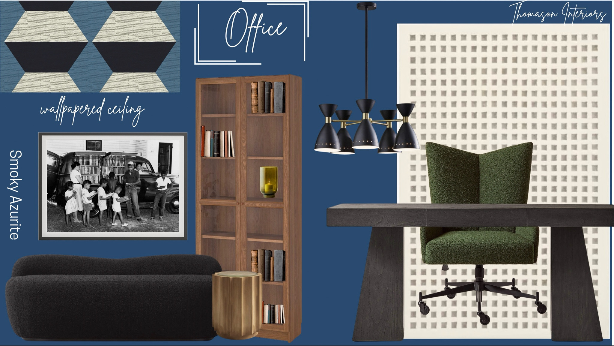 Moody mid century modern office. Ceiling wallpaper, black art, blue room, billy bookcase, desk, office chair, love seat, end table, washable rug 

#LTKHome #LTKStyleTip #LTKFamily