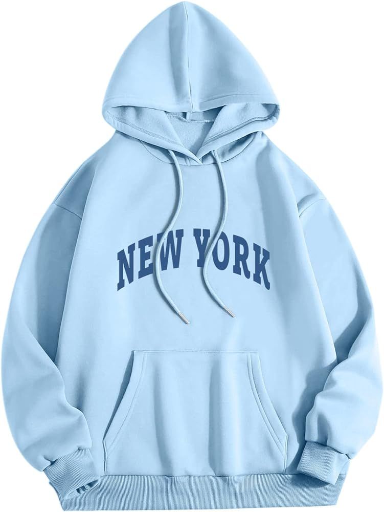 New York Hoodie Women Hooded Casual Print Pullover Sweatshirt Long-Sleeved O-Neck Pocket Tops Chr... | Amazon (US)