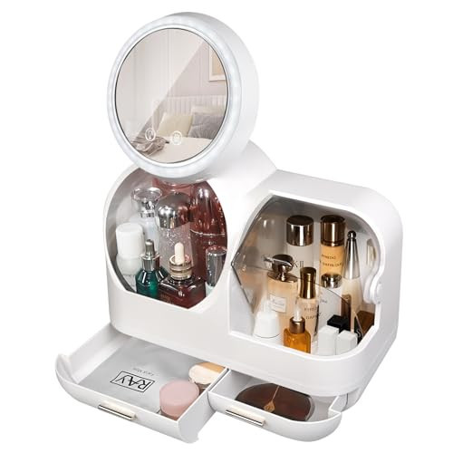 Generic Cosmetic Display Cases Makeup Storage Organizer Box with Mirror Cosmetic Display Case with Touch Screen LED Light Anti Dust and Waterproof Skin Care Organizer White | Amazon (US)