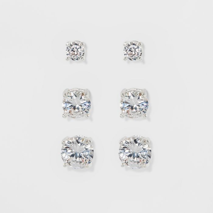 Women's Fashion Trio Crystal Round Stud Earring Set 3pc - A New Day™ Silver | Target