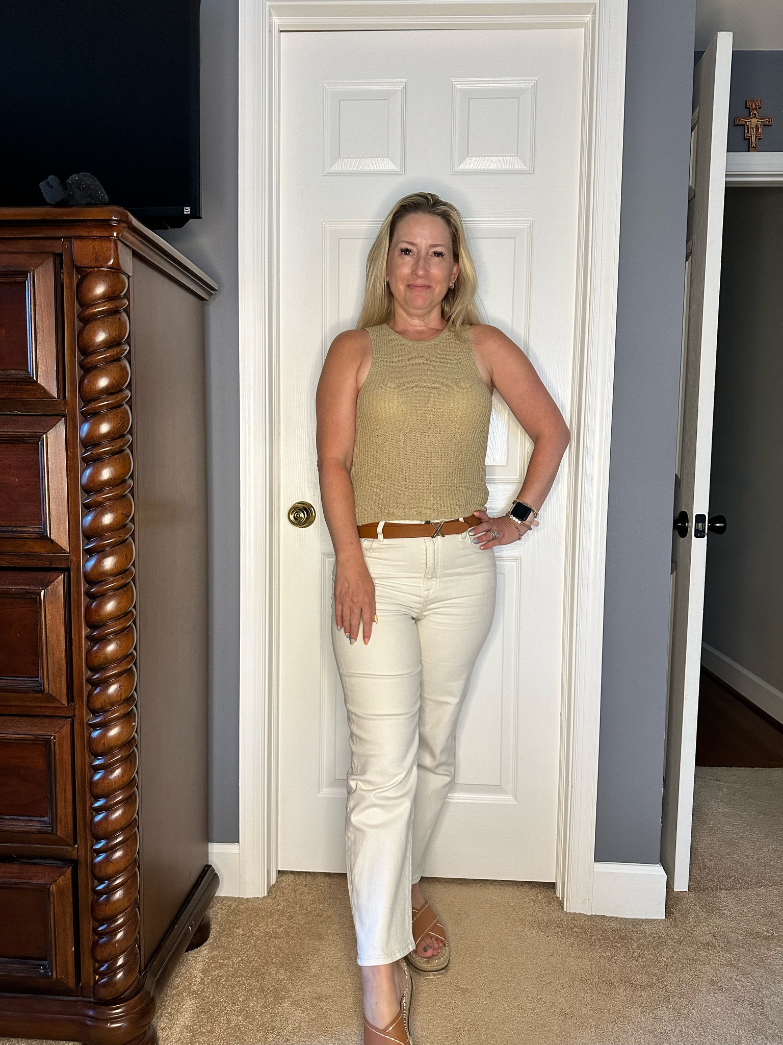 Summer neutral outfit 
White jeans
Knit tank
WFH outfit 
Mom outfit
Use code Trilbystyle 

#LTKOver40 #LTKFindsUnder100 #LTKWorkwear